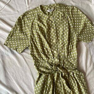 Vintage Retro 80s Sage Green Polka Dot Button-Up Waist Tie Maxi Dress Whimsy